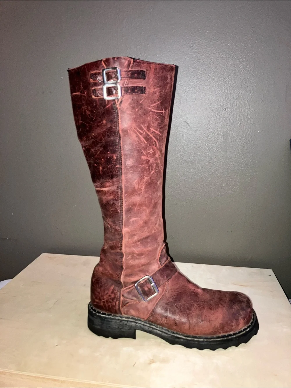 John Fluevog Bond Girl Tall Buckle Boots — Wine